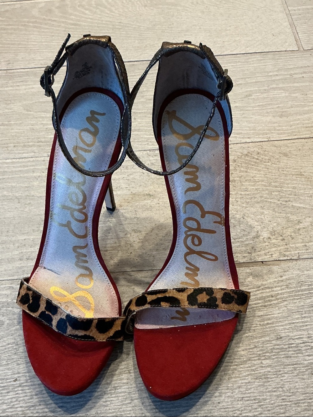 Sam Edelman Eleanor Red Suede Leopard-Print Ankle-Strap 5” Heels Sz 10M